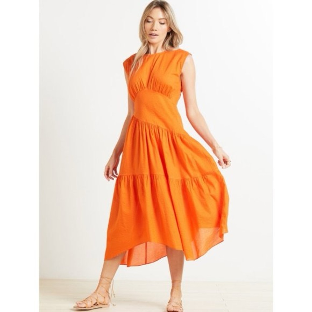 FRAME Gathered Seam Midi Dress In Orange Crush size XS